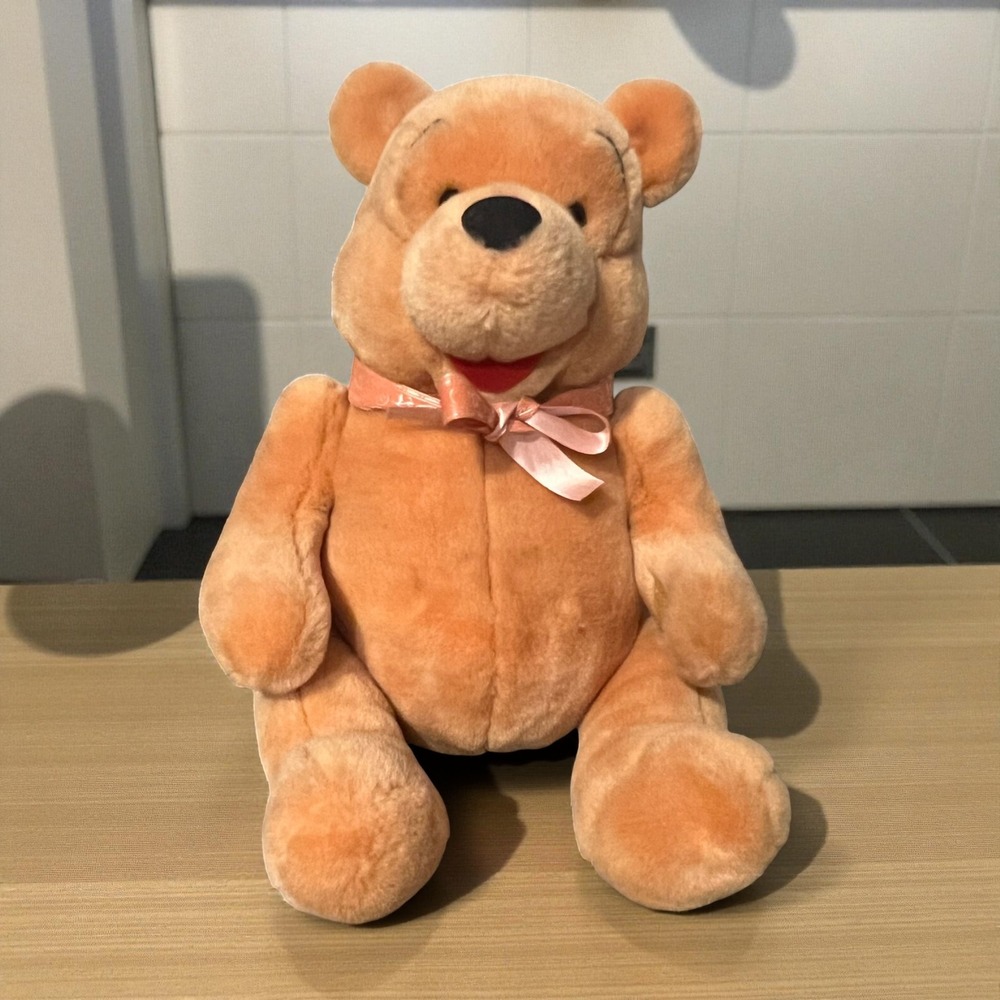 Vintage Disney Winnie the Pooh Plush Bear Tan 15"‎ Pink Bow Stuffed Animal Toy